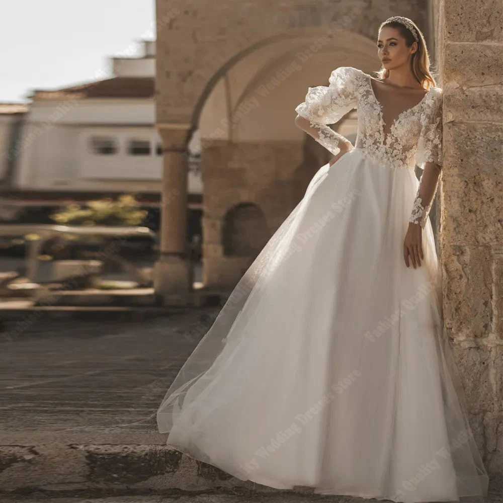 Vestidos De novia De estilo Simple para mujer, mangas esponjosas, diseño Formal, trapeador De piso, Vestidos De novia De princesa De Color sólido