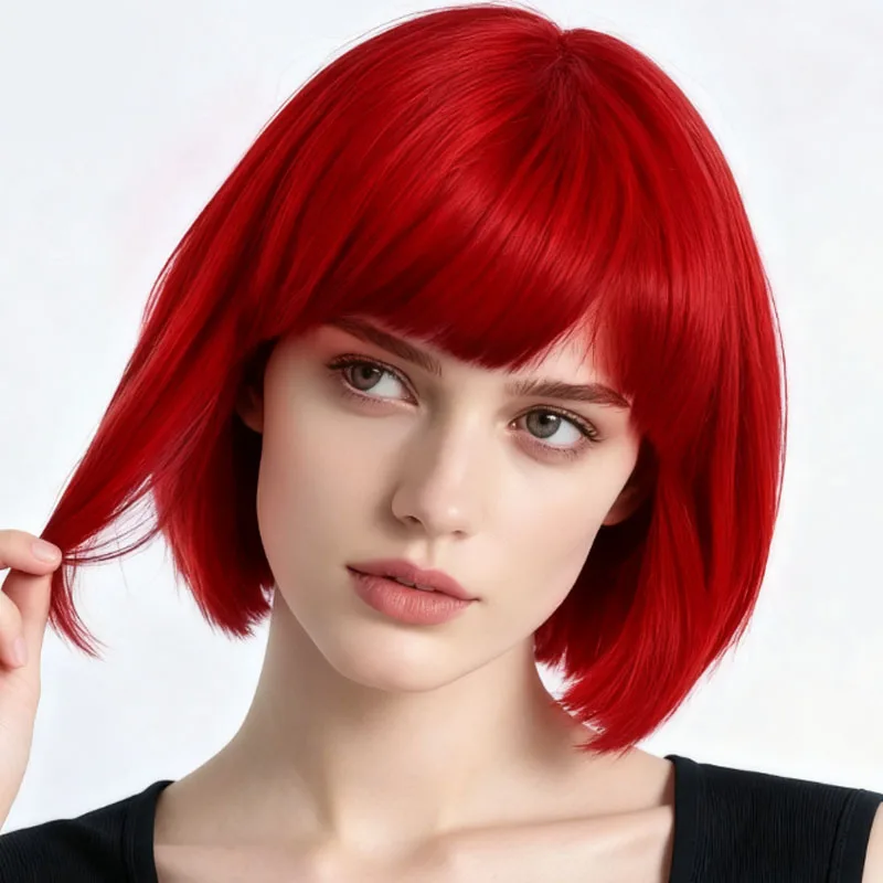 

Elegant 12 inch red straight synthetic wig, made of high-temperature fiber, suitable for daily use in female role-playing