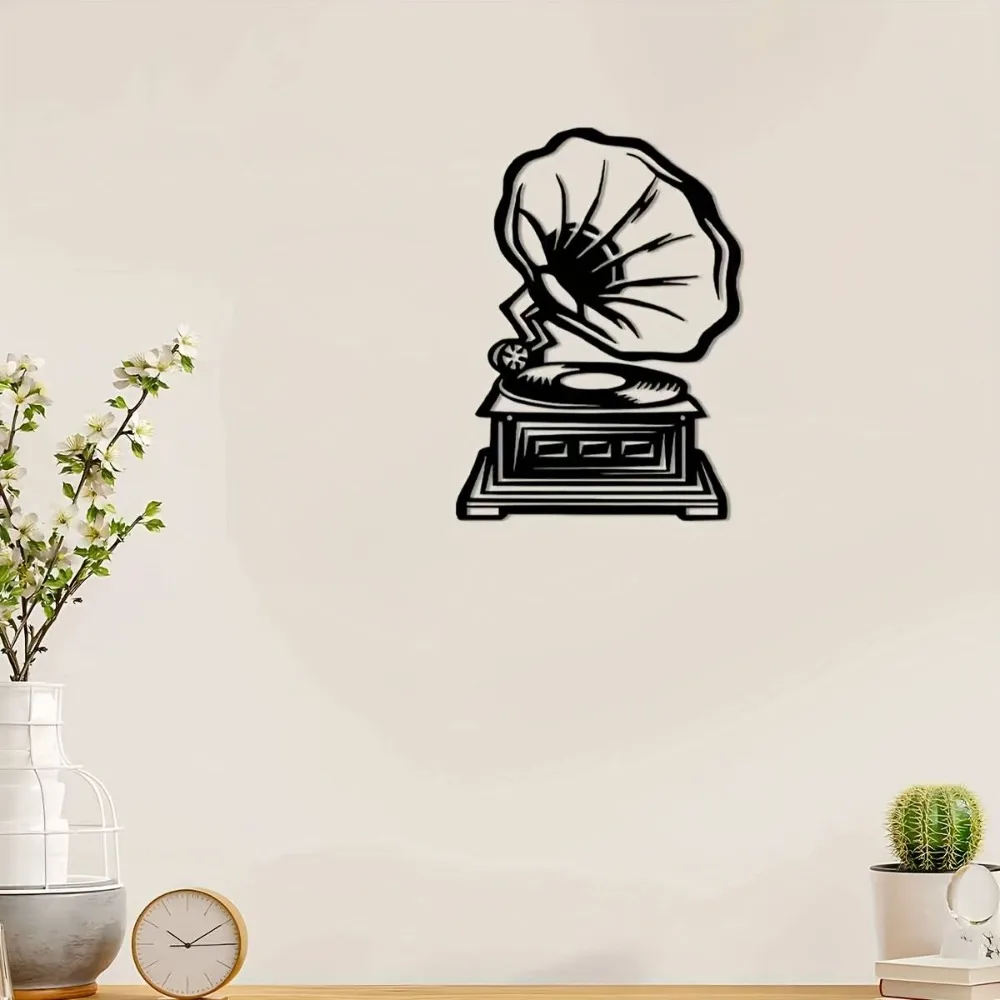 CIFbuy Retro Wrought Iron Gramophone Metal Plaque Wall Art Vintage Garden Porch Home Decor Ornament