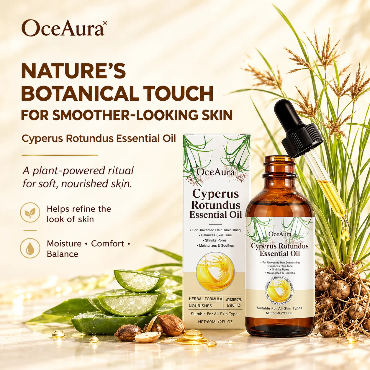 OceAura Cyperus Rotundus Oil For Hair Removal, Minimizes Pores & Soothes Skin,Reduce Unwanted Hair Growth Natural Inhibitor 60ml