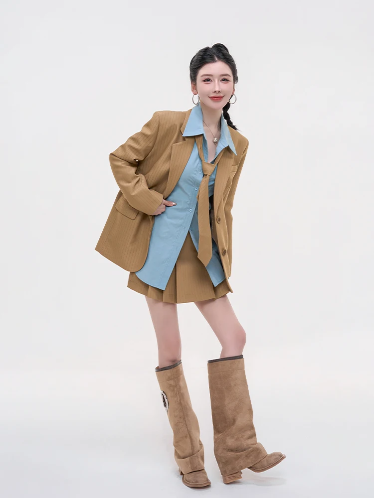 Elegant British Style Vertical Stripes Women's Suit Jacket 2026 Spring New High-End Feelings Polyester Long Sleeve Coat