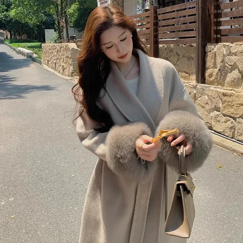 Nieuwe Natuurlijke Vossenbont Dikke Dubbelzijdige Wollen Jas Vrouwelijke Korte Herfst Winter Losse Lace-up Wollen Jassen Damesmode Overjassen