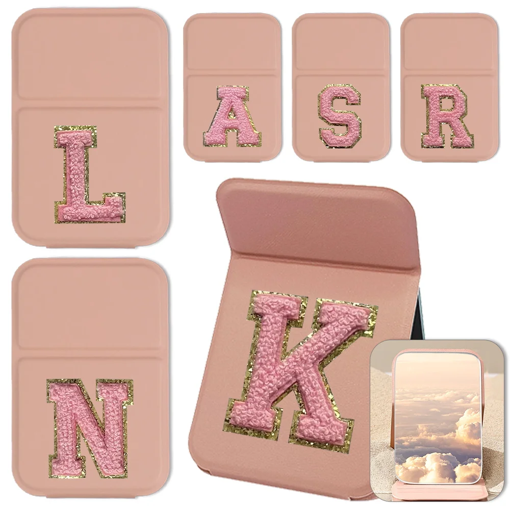 Pu Portable Foldable Desktop Makeup Mirror Leather Anti Slip Pocket Mirror Initial Name Chenille A-Z 26 Letter Pink Pattern