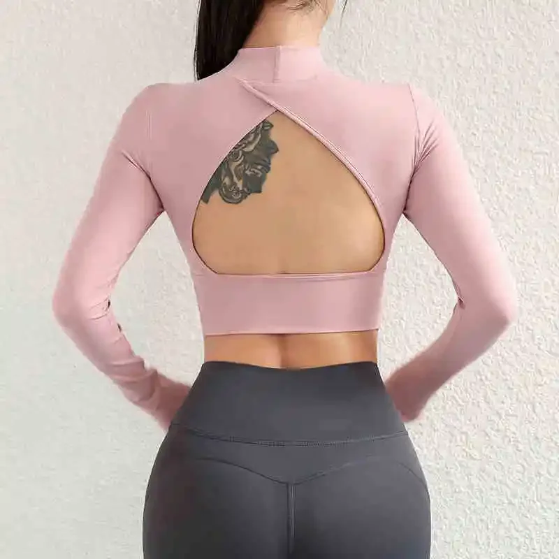 

High Neck Sexy Casual Long Sleeve Crop Top Fitness Sports Shirt Fashion Athletic Wear Women Quick Dry Yoga Shirts
