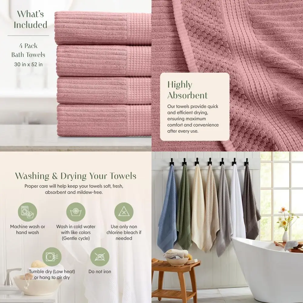 

Set of 4 Cotton Bath Towels | Luxuriously Soft & Fast Drying | Durable Textured Fibers | Krista Collection - Bridal Rose