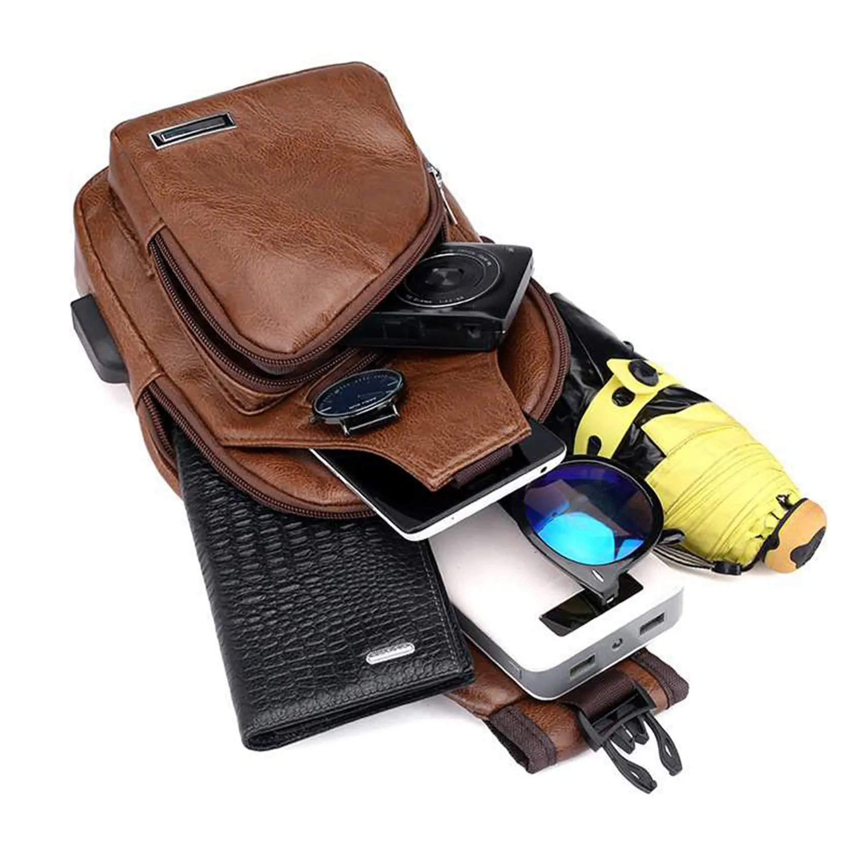 *A14E 5X Mini USB Interface Plenty of Space Mens Casual Bag Fashion Outdoor Sling Bag Travel Day Pack PU Leather Crossbody Bag view 5
