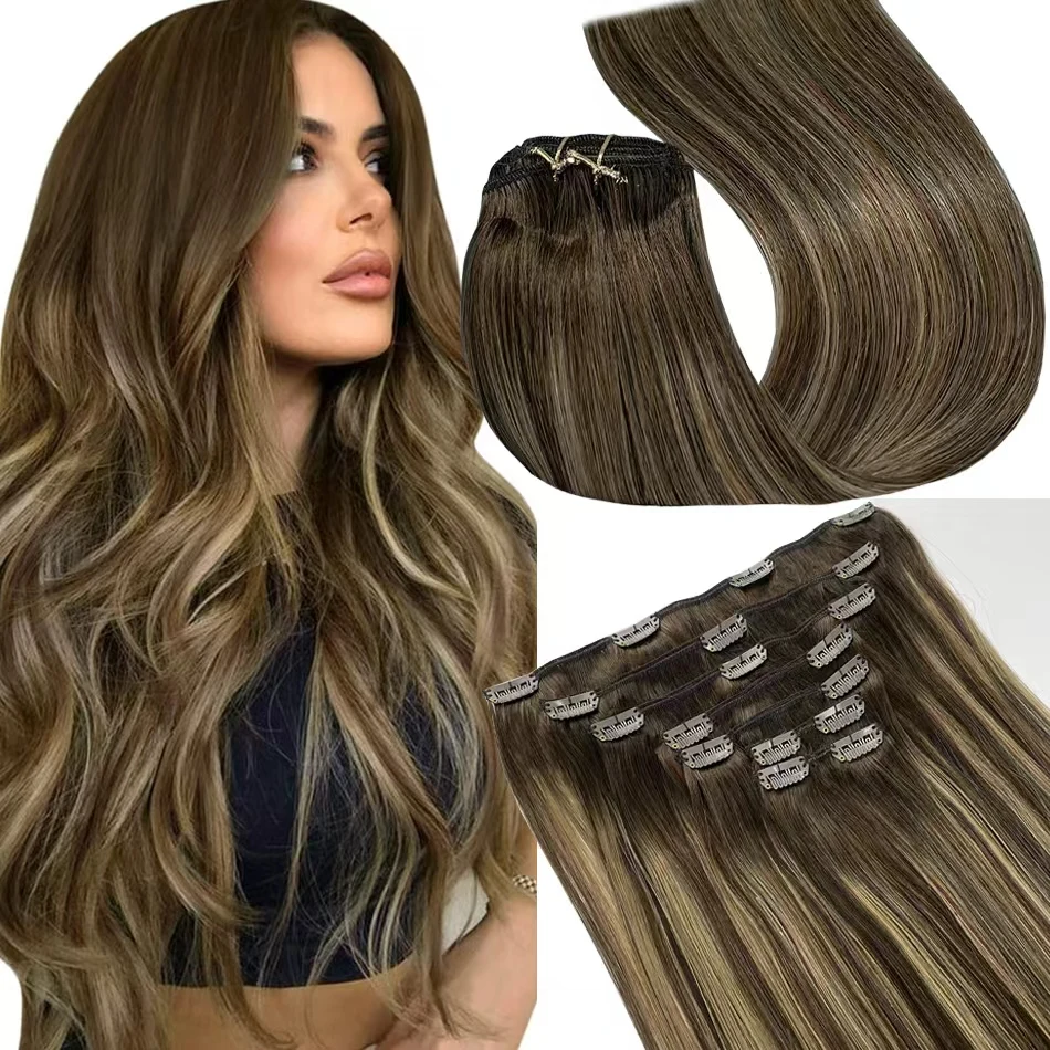 

14-24 Inch Clip-in Hair Extensions 8pcs Set Blonde Straight Human Brazilian Hair Weft for Instant Volume Removable & Reusable