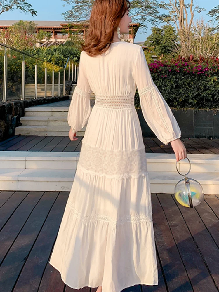 SMTHMA Summer Lace Dress Beach Holiday Boho White Linen Cotton Plus Size Long Dresses for Women Hollow Out Casual Robe Vestidos