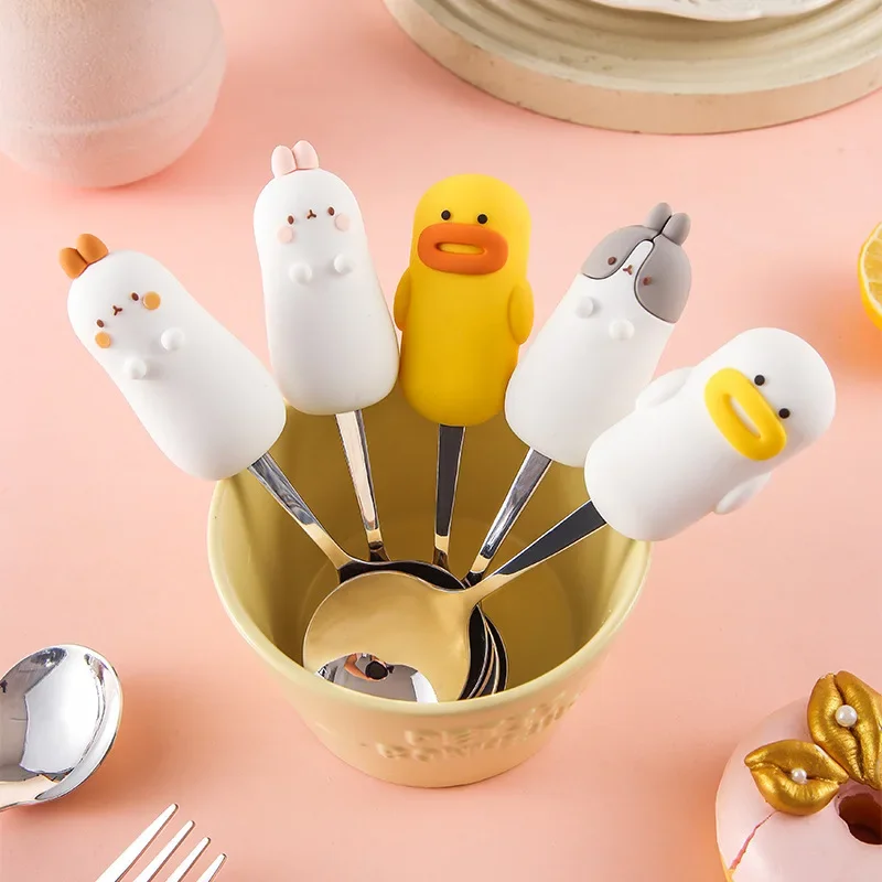 Cartoon 304 Stainless Steel Spoon Fork Big Yellow Duck Cute Rabbit Children's Eating Spoon Anti Drop Spoon Coffee Scoops