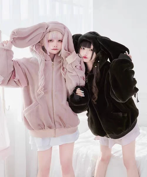 2025 Winter New Japanese Style Soft Girl Cute Bunny Ear Plush Coat Thickened Warm Eco-Friendly Faux Fur Cotton Jacket
