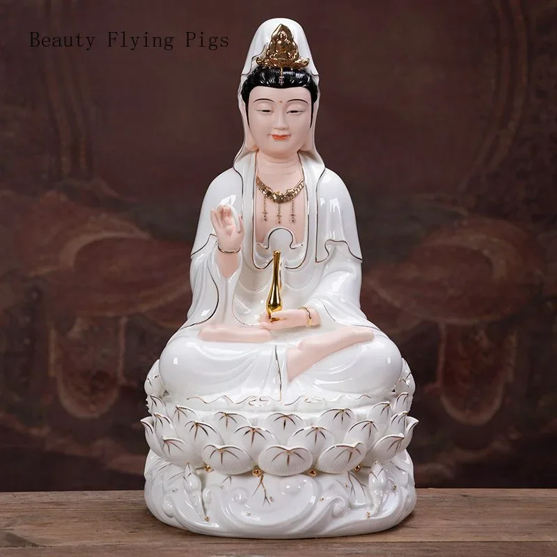 1PC Ceramic Guanyin Buddha Statue Ornament Lotus Base Buddha Statue Ornaments in The Entrance Hall Family Sacrifice Figurines