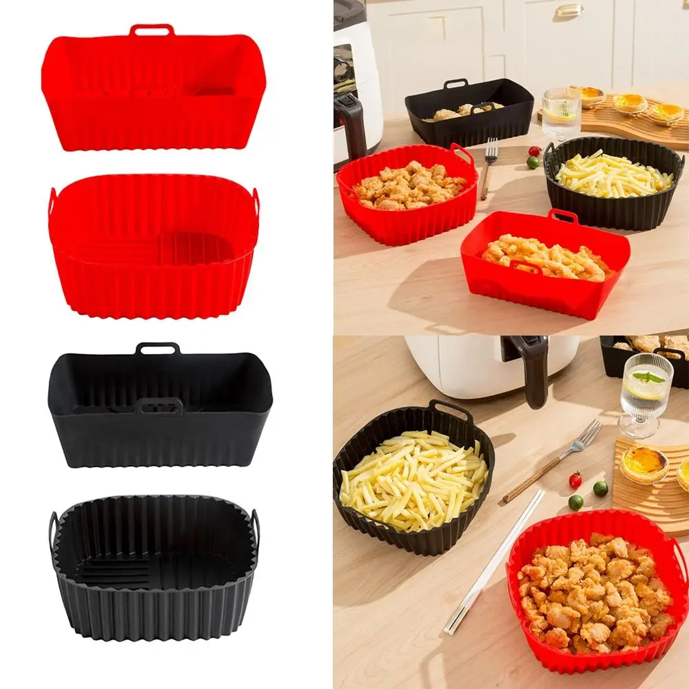 Reusable Silicone Air Fryer Liners for 4-7 QT Black Red Square Air Fryer Mat with Handle Air Fryer Basket Mat Baking