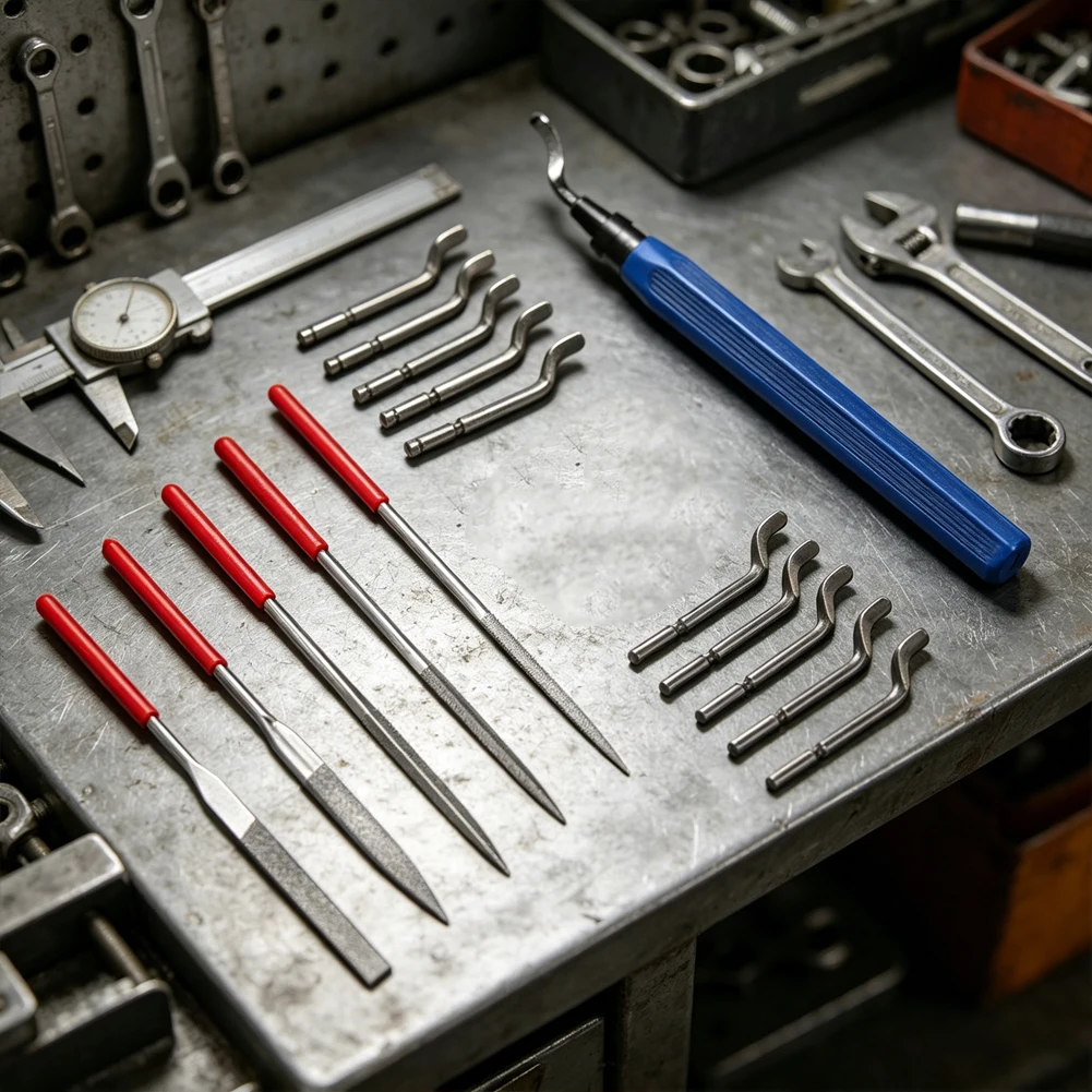 Hand Deburrer with Ergonomic Grip and Full Rotation Capability for Burrs Removal on Round Straight and Curved Metal Surfaces