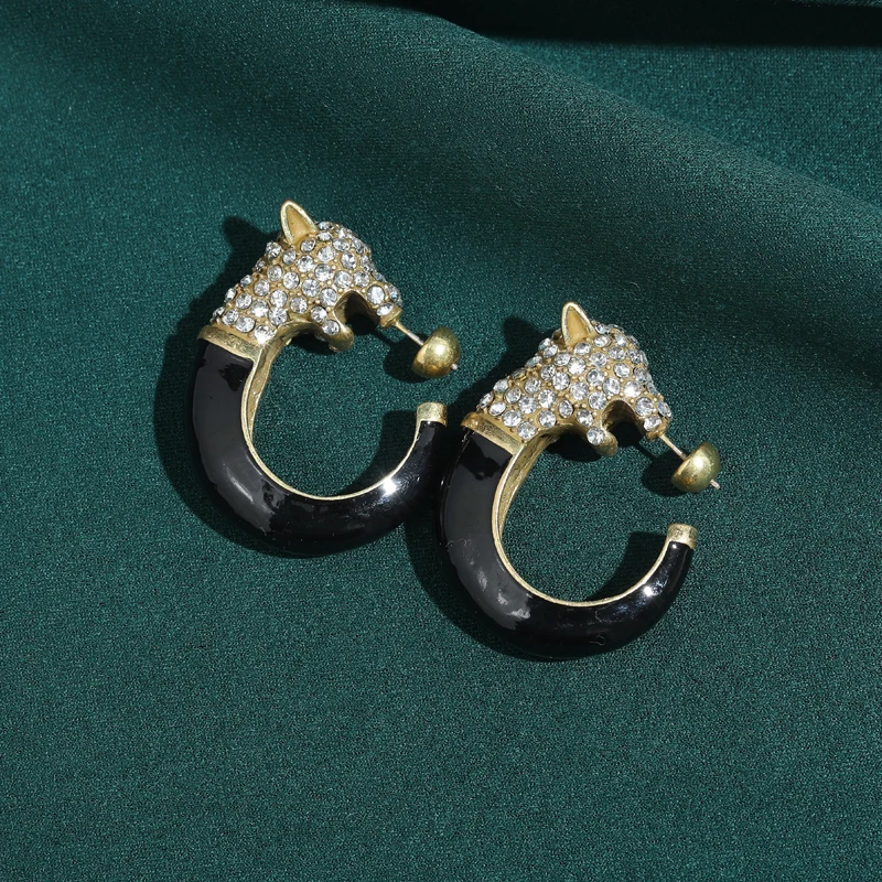 Vintage Enamel Leopard Head Black Earrings Woman Luxury Jewelry Designers Brand C-Circle Rhinestones For Wedding Accessories