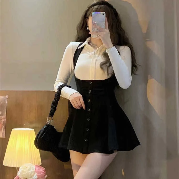 2023 Winter Preppy Style Sweet Suit Woman White Long Sleeve Blouse High Waist Slim Mini Dress Party Y2k Fashion Dress Korean