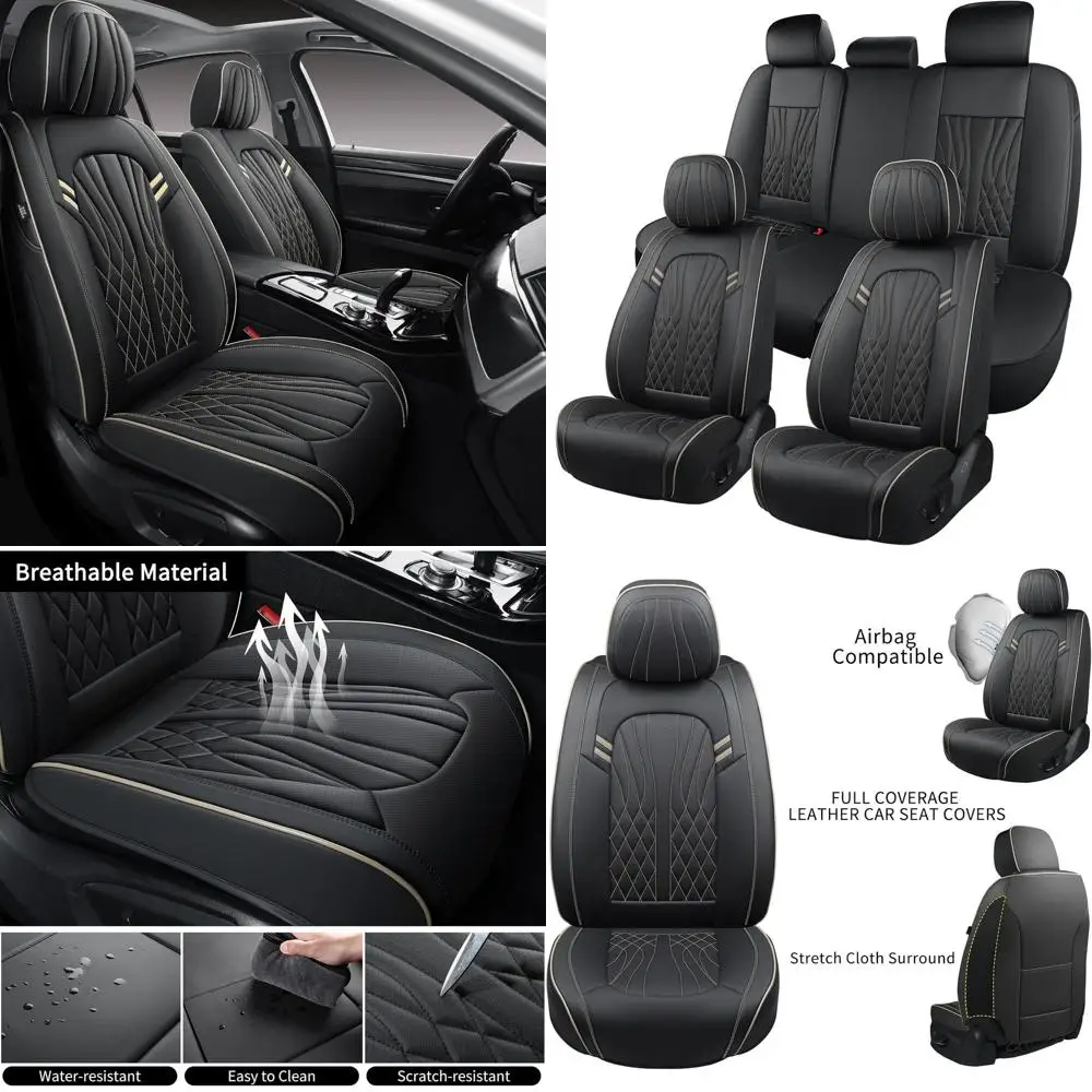 

Universal 5-Piece Car Seat Cover Set, Waterproof Nappa Leather, Suitable for Most Sedans, SUVs, and Trucks, Black & Beige Stripe