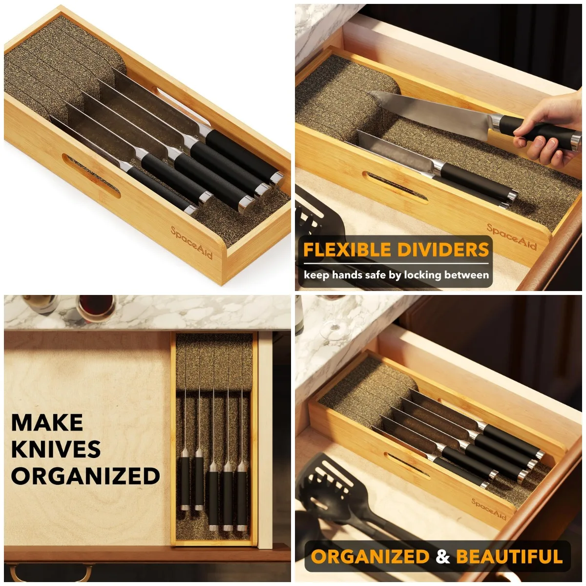 

Bamboo Knife Drawer Organizer for Kitchen Knives, Compact Storage Insert (Small)