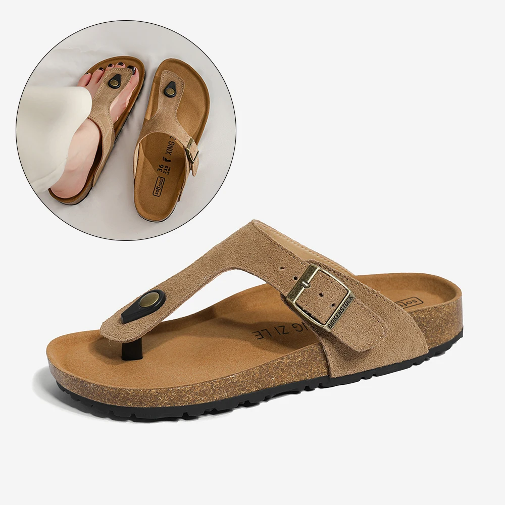 Women's Slippers 2024 Natural Cow Leather Outdoor Beach Buckle Fashion Brand Non-Slip Flip Flops Woman