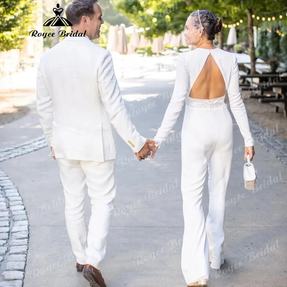 2026 Modern White Crepe Bridal Jumpsuit Deep V Neck Long Sleeve Wedding Outfit with Open Back Customized