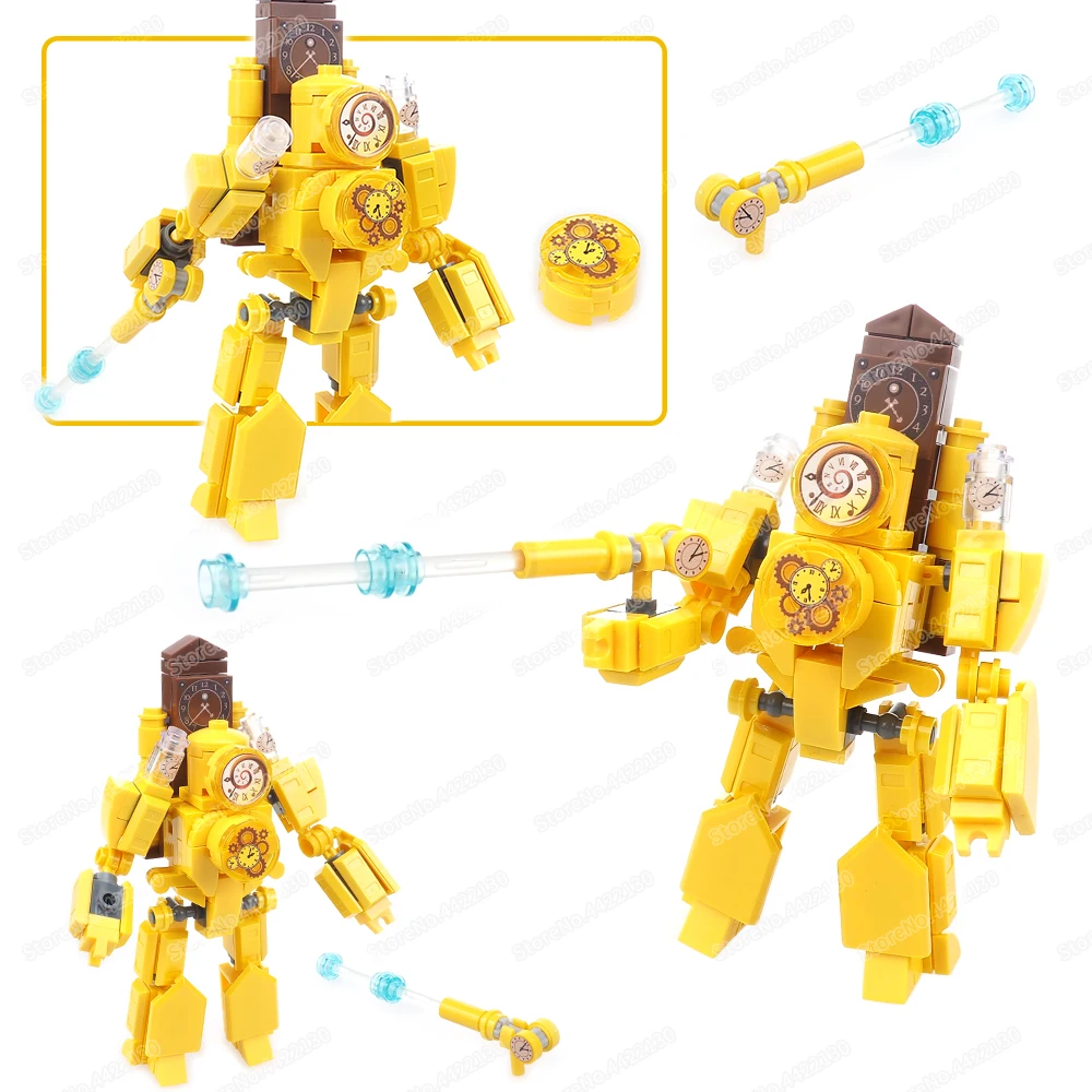 Yellow Titan Mecha Clock Man Building Block Assemble Commode Multiverse War Figures Laser Equipment Scenes Model Child Gift Toys