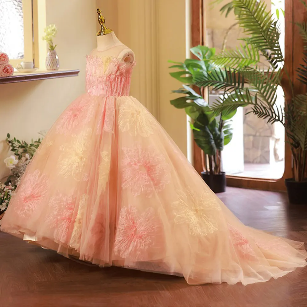 Jill Wish Luxury Coral Dubai Girl Dress Flowers Arabric Princess Kids Wedding Birthday Party Long Ball Communion Gown 2024 J157