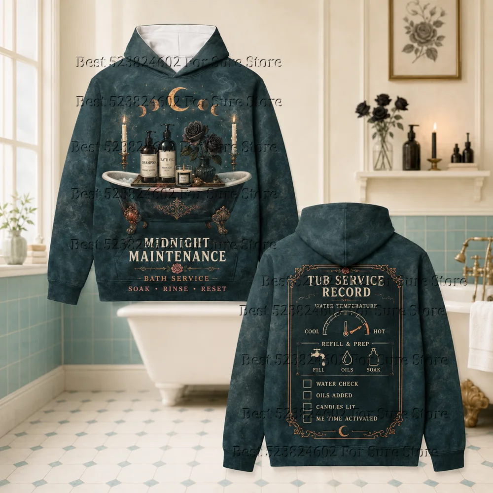 Gothic Aesthetic Moon Phase Maintenance Women Hoodie Black Rose Floral Loose Long Sleeve Street Hooded Sweatshirt Unisex