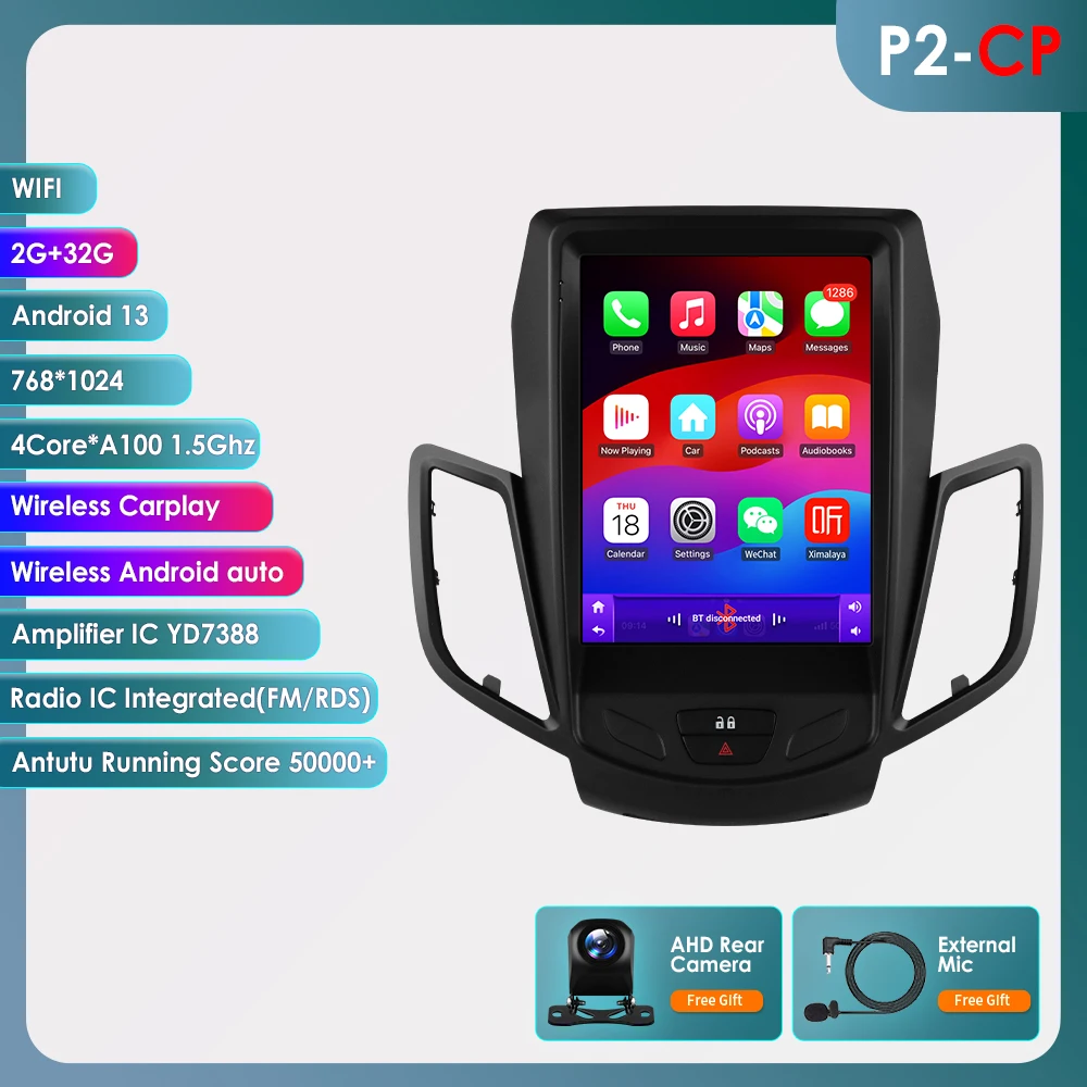 Hizpo 2 Din autoradio voor Ford Fiesta MK7 2009-2016, multimediaspeler met CarPlay, Android Auto, GPS, BT, WIFI, FM, RDS, AI.
