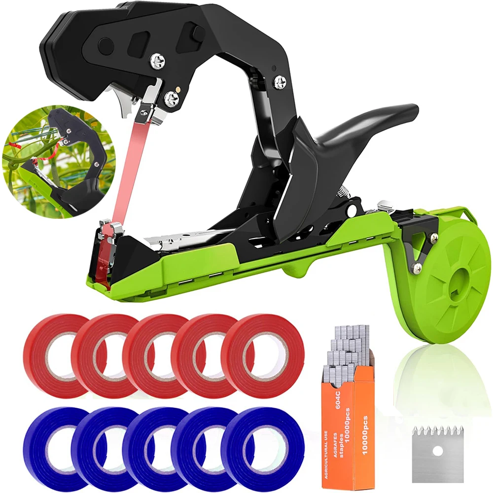 Plant Tying Machine, Lightweight Plant Tying Tape Tool to Tie Up Vine Quickly Plant Tie Tapener Gun with Tapes and Staples Green