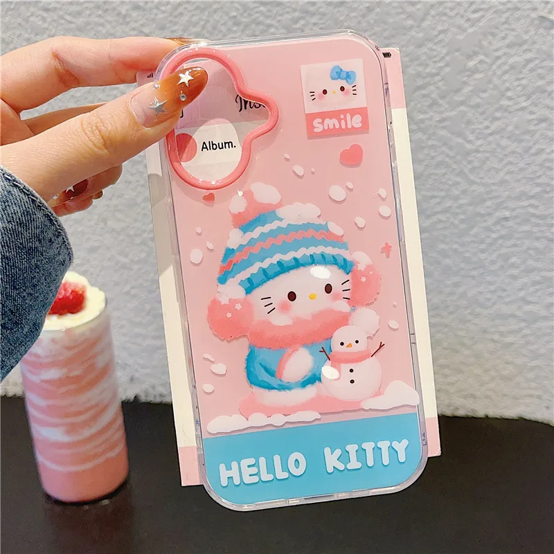 

Hello Kitty Winter snowman Phone Cover for iPhone 13 14 15 16 Pro Max Cute scarf Knitted hat Case for iphone14pro,15pro,16pro