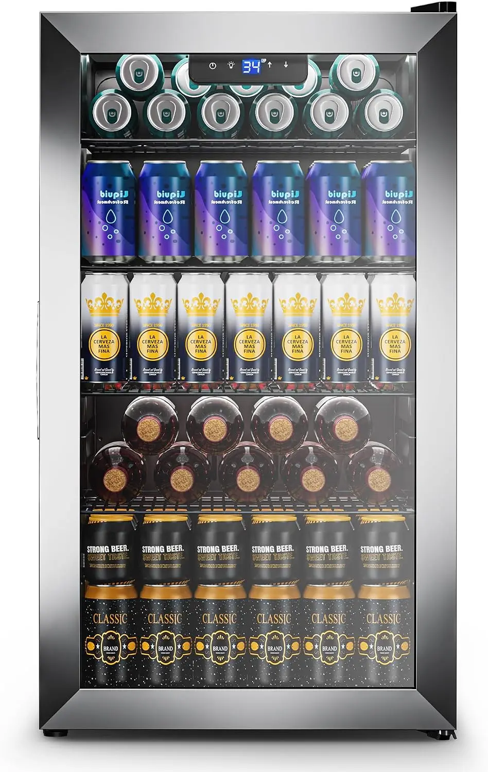 Beverage Refrigerator, 3.1 Cu. Ft. Mini Fridge, Holds 130 Cans, Glass Door, 34-64°F Temperature Range, Silver