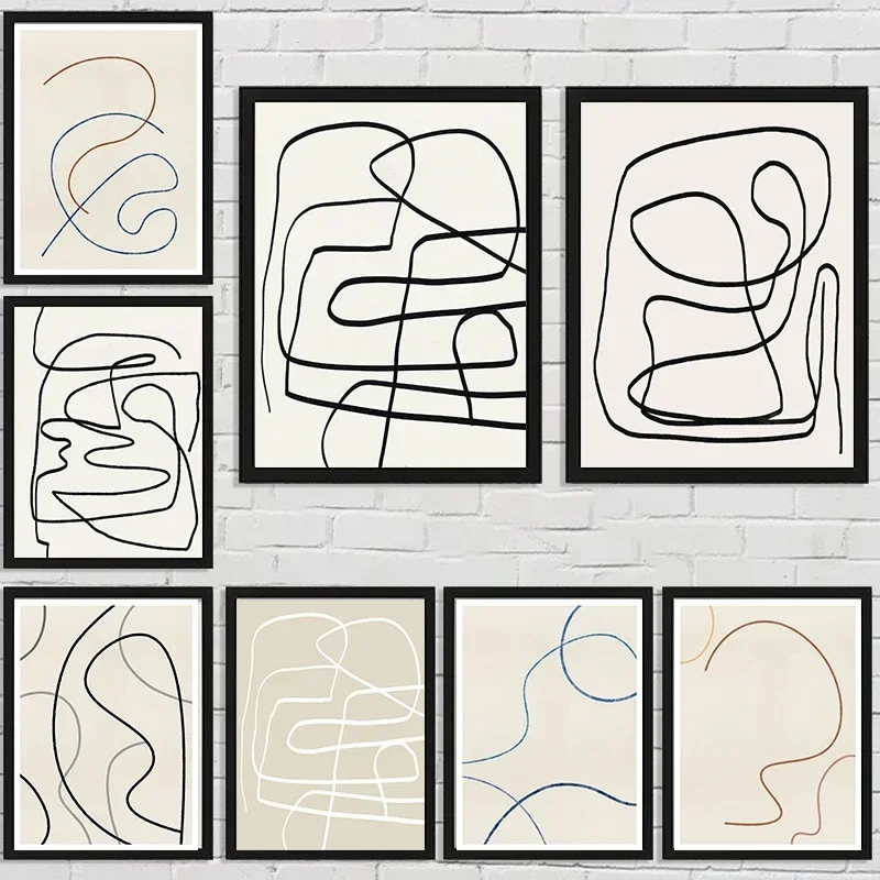1 Stück rahmenloses Leinwandbild, skandinavische nordische Poster, abstraktes Leinwandbild mit Linienmuster, Wandbild im Mid-Century-Stil