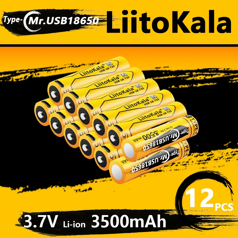 12pcs LiitoKala USB-18-T35 3.7V 18650 3500mAh Rechargeable Battery TYPE-C Charging Port Supports Reverse Charging