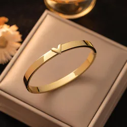 New Design Stainless Steel Smooth Letter V Bangle Bracelets for Woman's Luxury Jewelry Gold Color Wristband Bangles Gift