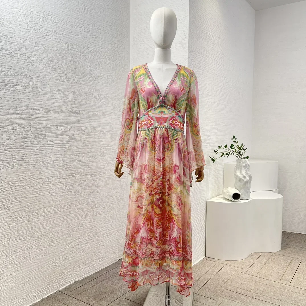 

2024 Summer Newest High Quality Silk Pink Floral Print Long Sleeve Deep V- neck Women Midi Dress for Holiday