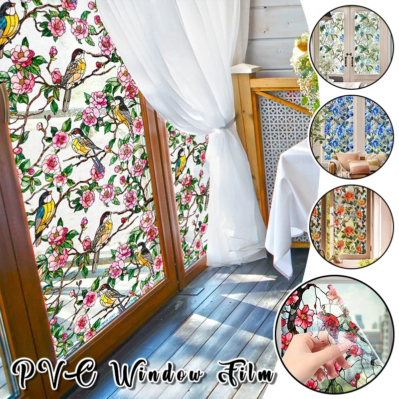 Pvc Stained Glass Window Film Static Cling Privacy Decorative Film for Home Windows Colorful Floral