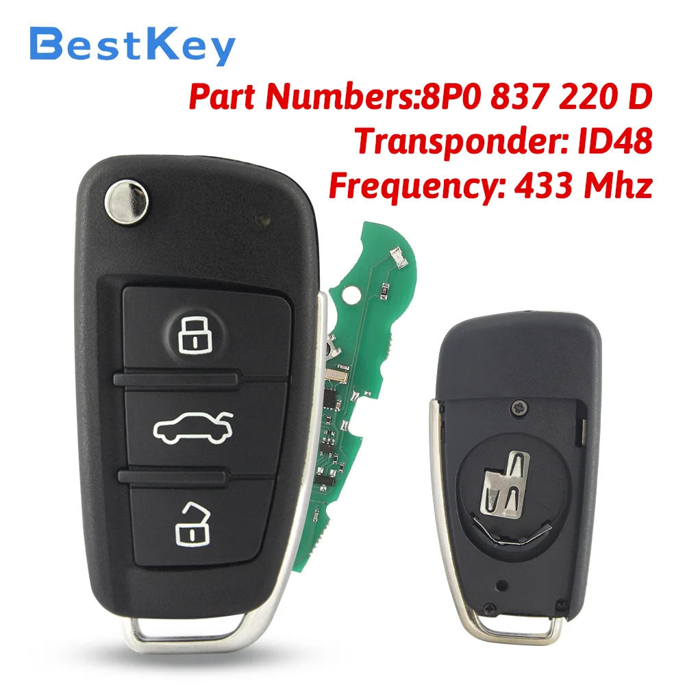 

bestkey Flip Car Remote Key HU66 3 Button 434 Mhz ID48 chip 8P0 837 220 D For Audi A3 TT 2006 - 2013