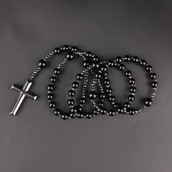 Natural Stone Tiger-eye Beads Hematite Cross Pendant Necklace for Men and Women Rosary Jewelry