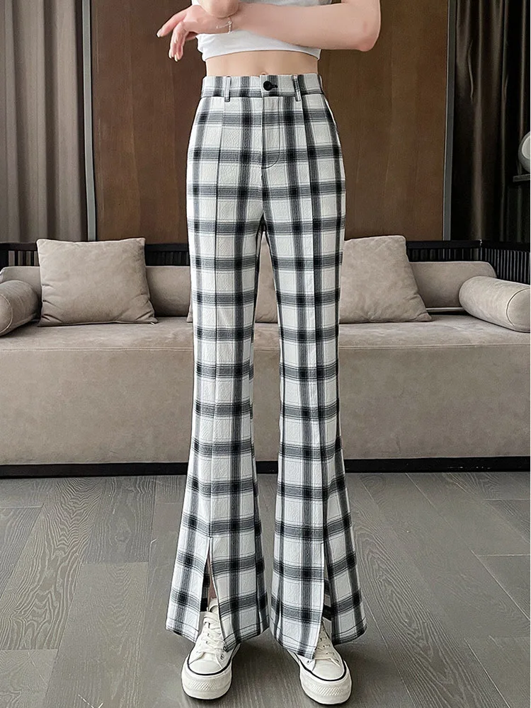Plaid Women's Casual Bootcut Pants Baggy Slit Straight Button Pantalones High Waist Korean Fashion Wide Leg Loose Trousers