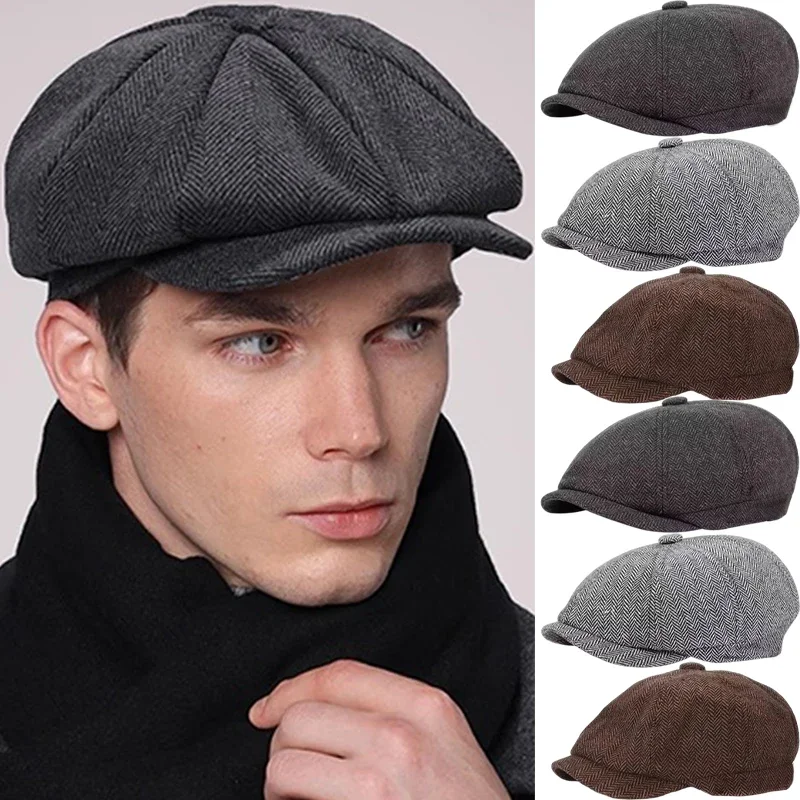 Fashion Hat Men Beret Cabbie Driving Hunting Caps Vintage Tweed Peaky Blinders Berets Flat Peaked Cap Street Hats Winter Spring