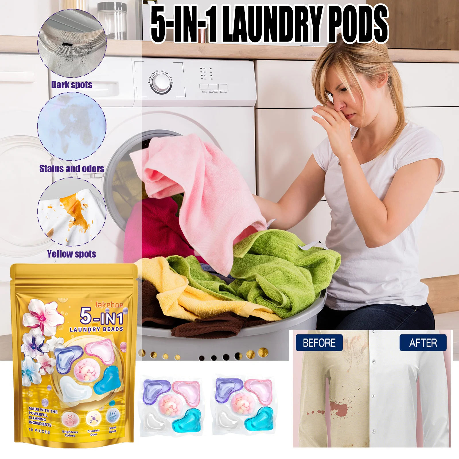 

Jakehoe 5in1 Laundry Detergent Pods Powerful Stain Removal Long Lasting Freshness Color Safe All Machines 10PCS