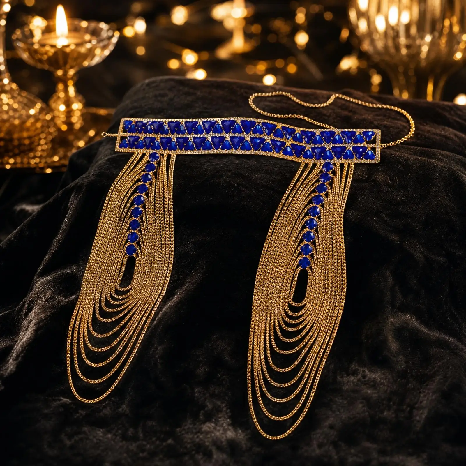 Copper Women Shoulder Chain with Blue Faceted Stones Multiple Strands Draped Design Adjustable Fit for Party Glamour