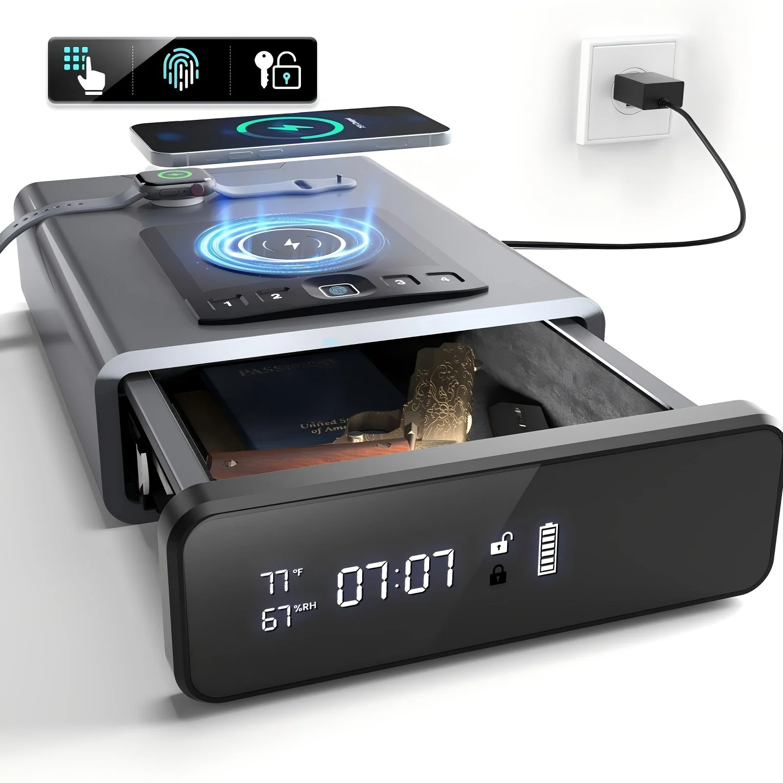 

Biometric Gun Safe, Grey & Black & Newly Upgraded Grey Fingerprint Safe with LED Clock, DOJ Pistol Safe with 2-in-1 Watch And Mobile Wireless Charging, Backlit Keypad, LED Light, Safety Jewelry Storage, Bedside Storage.Valentine's Day Gift