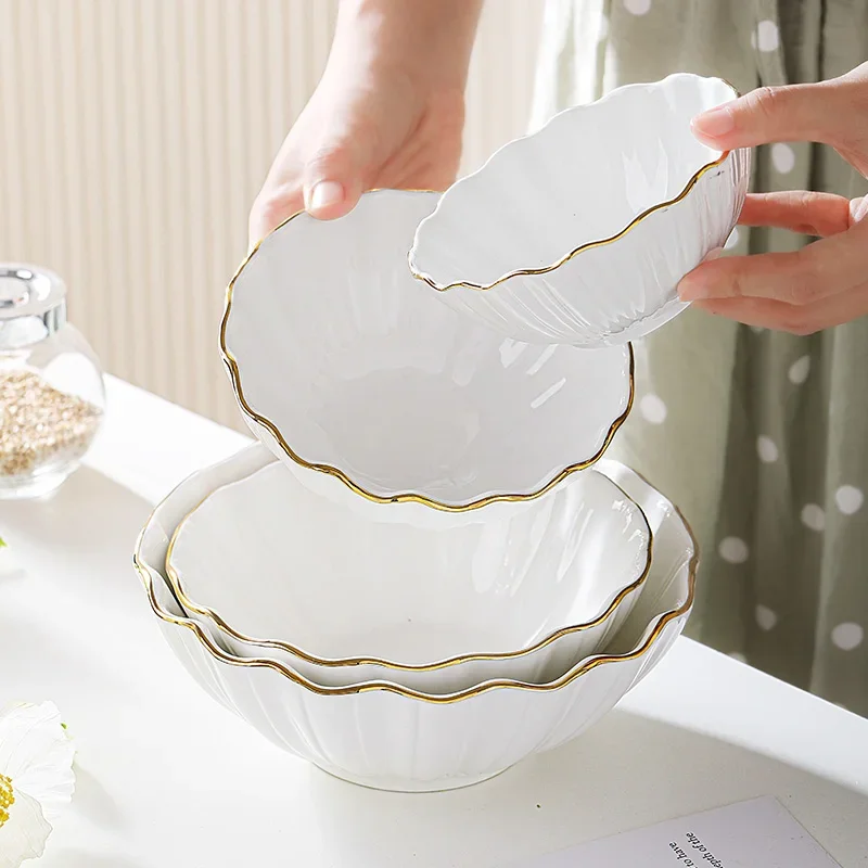 European high-end gold edged ceramic bowl, fruit salad Household Bowl, Breakfast Rice Noodle Hotel Restaurant Tableware