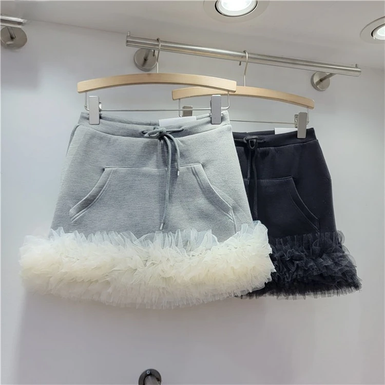 Mini Skirt Women 2024 Spring Summer New Drawstring Elastic Waist Pocket Multi Layer Lace Decoration Skirts