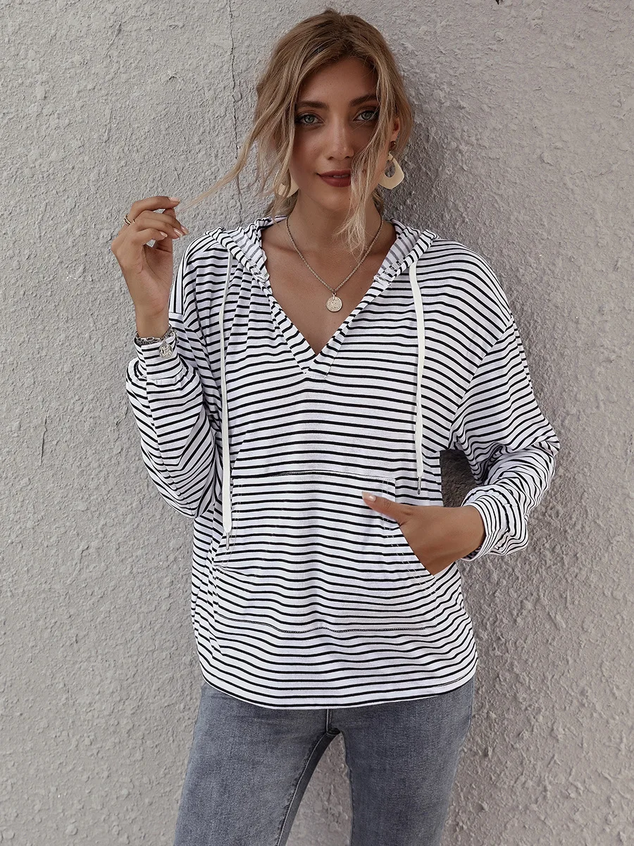 Hoodie gestreepte top dames Europees en Amerikaans merk dames losse hoodie lente T-shirt