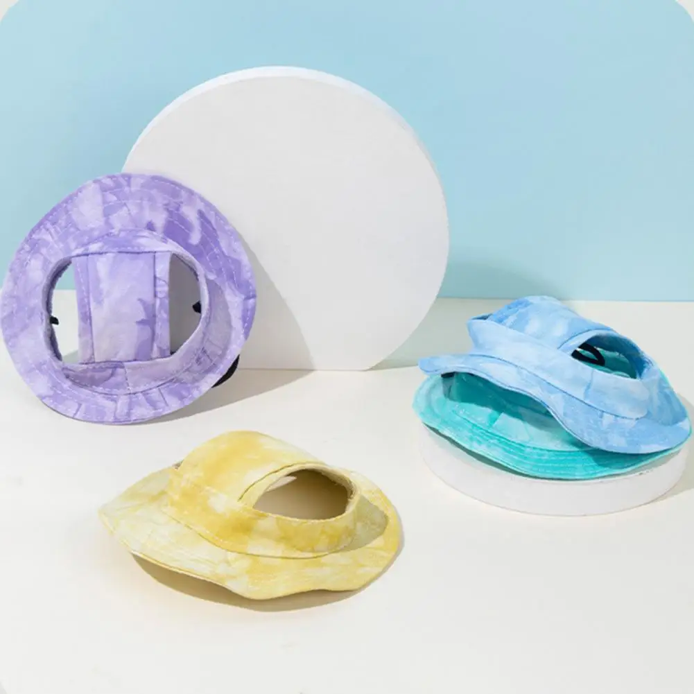 Pet Hat with Stability Straps Adjustable Tie-dye Dog Bucket Hat with Ear Holes Outdoor Sun Protection Cap for Small Medium Dogs