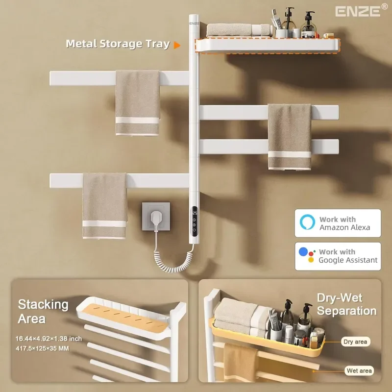 White Smart Electric Towel Warmer 4 Bar Wall Mounted Rotary Rack with WiFi App Control and 24H Timer for Bathroom Heating