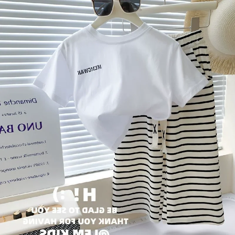 Girls Striped Clothing Sets Summer Kids Letters Short Sleeve Top+Wide Leg Pants 2 Pcs New Children's Casual Fashion Suits 2-8Y