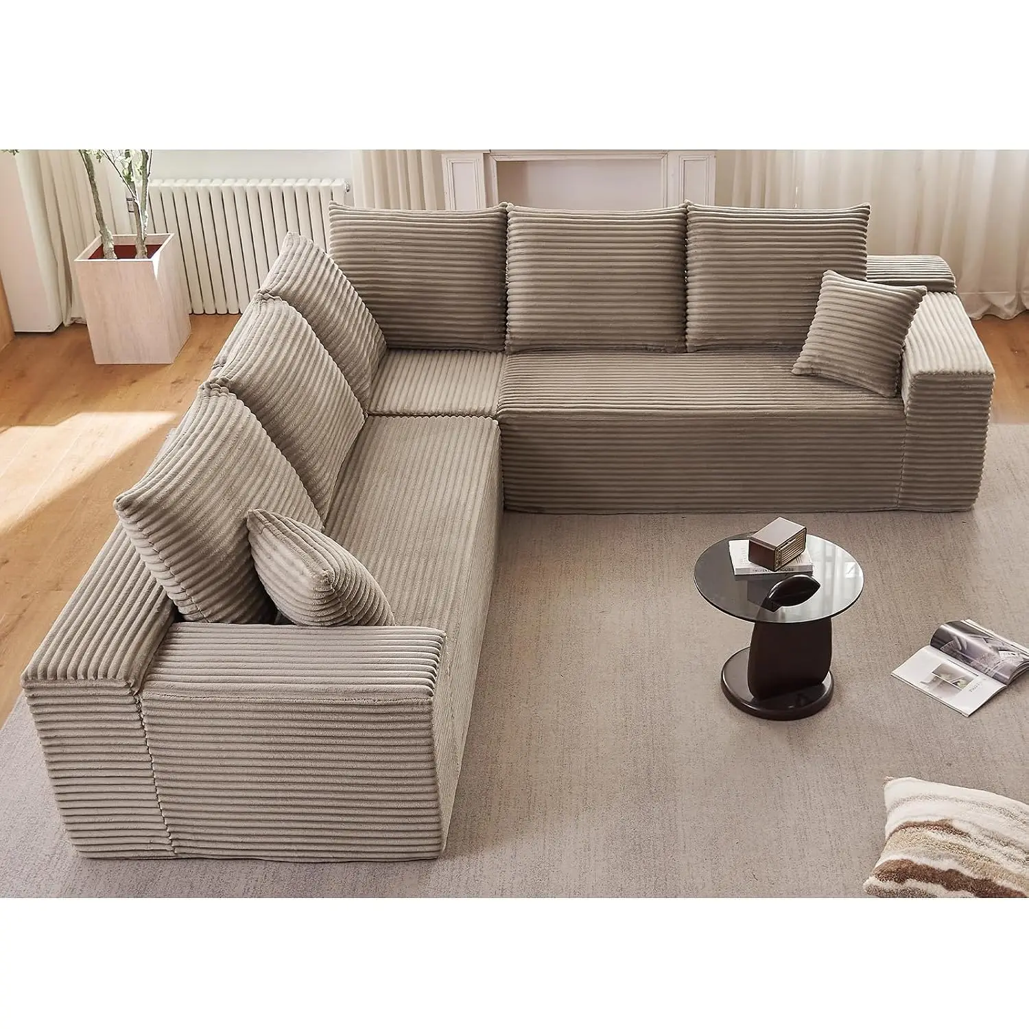 Modular Deep-Seat Sectional Sofa, L Shaped Corduroy Cloud Couch For Living Room & Bedroom, No Assembly, Camel, Customized