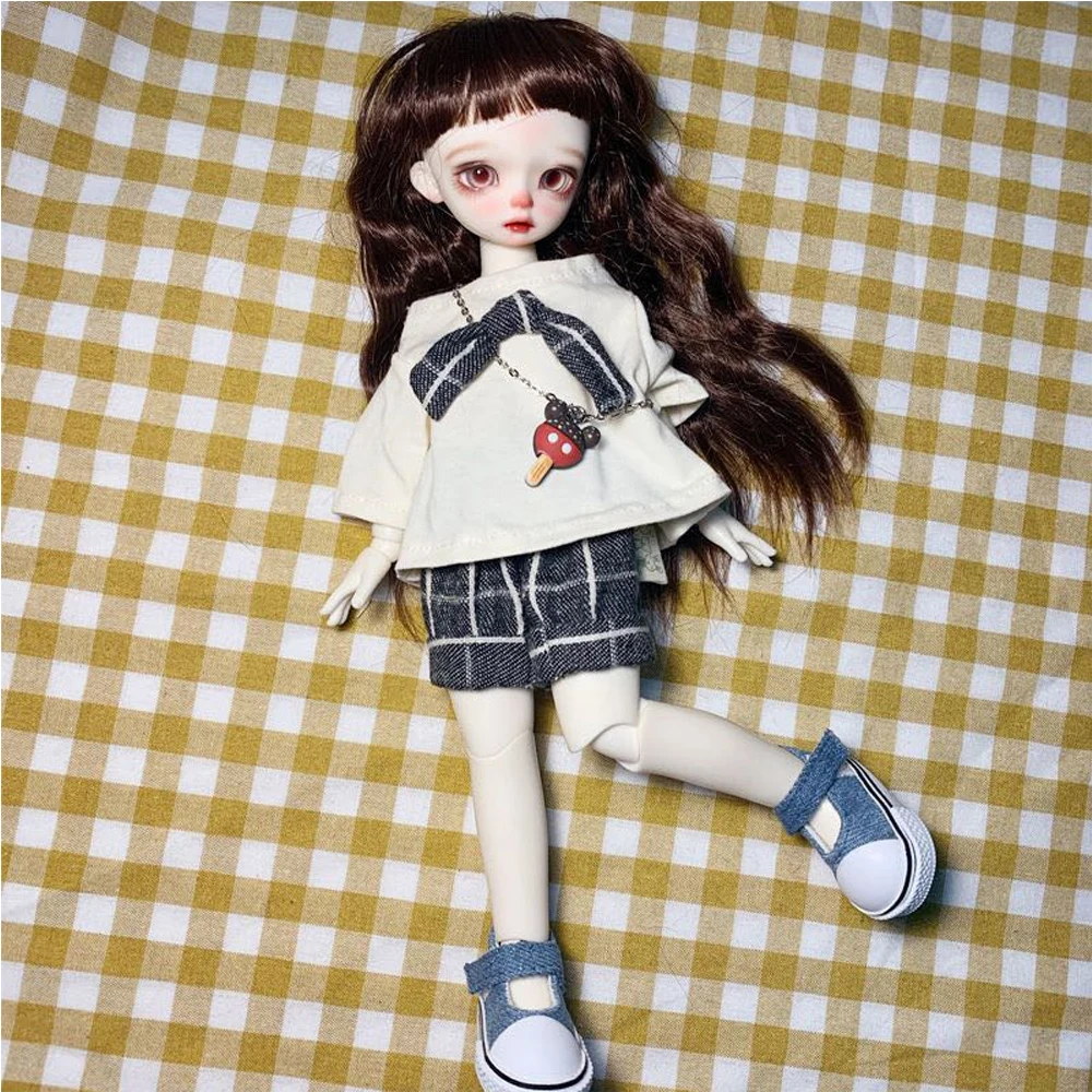 

H02-032 children handmade toy BJD/SD doll clothes 1/6 30cm Checkered shorts beige top pants set